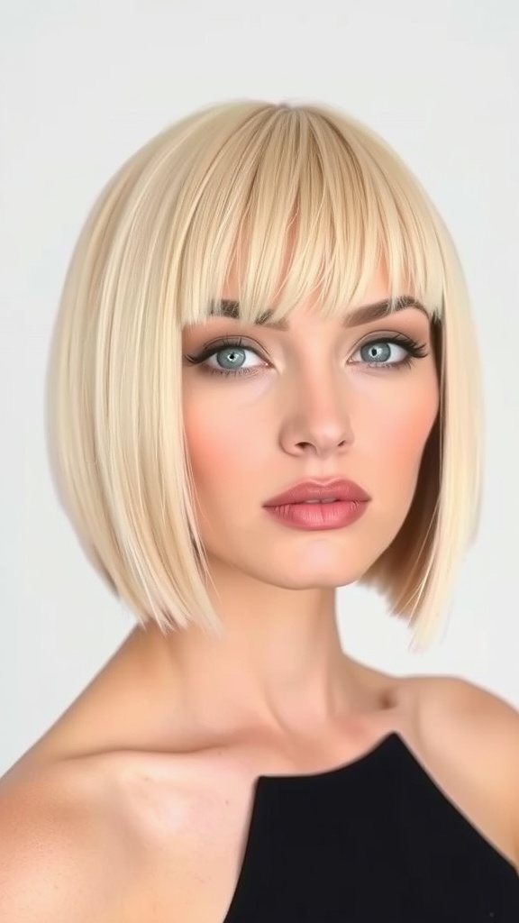 A woman with a sleek and straight short blonde bob hairstyle, showcasing a polished look.