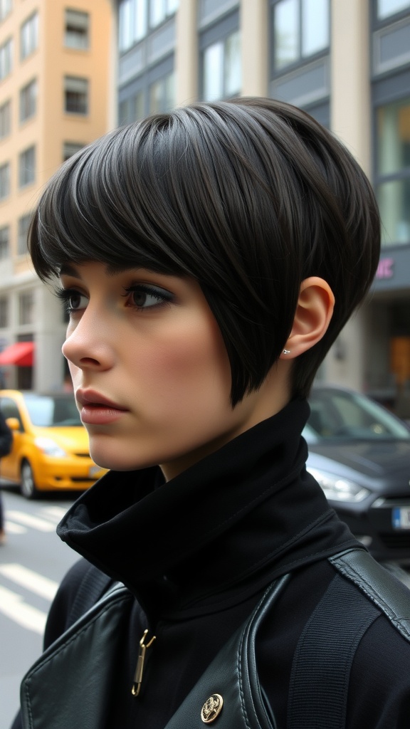 A woman with a sleek blunt cut hairstyle, looking stylish in an urban setting.