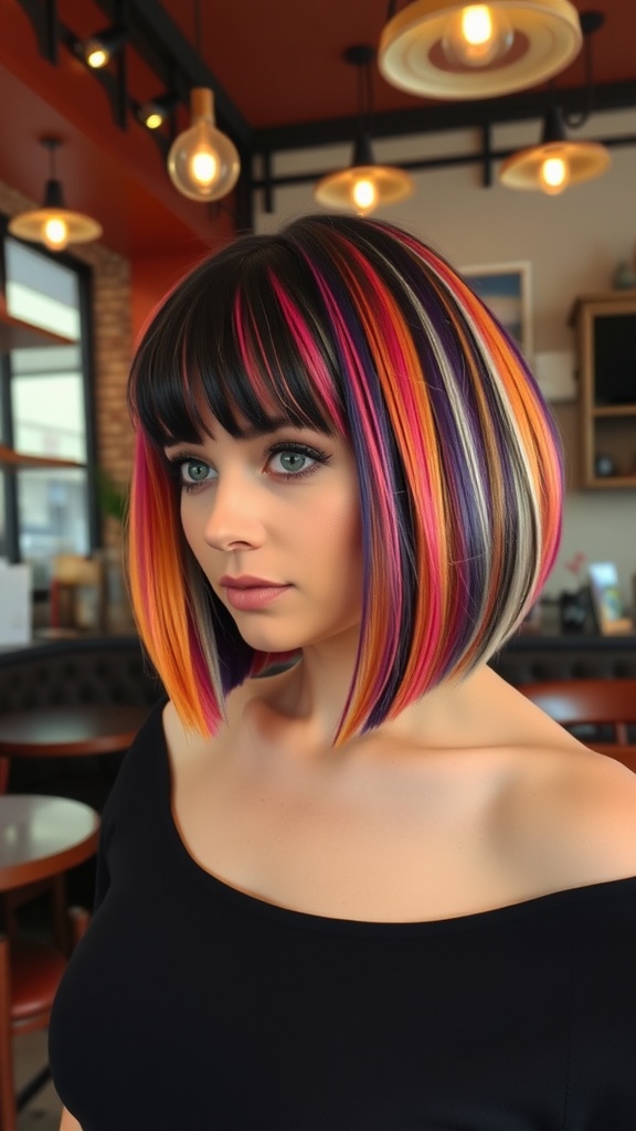 A woman with a colorful sleek bob hairstyle and bangs, showcasing vibrant hues of pink, orange, and purple.