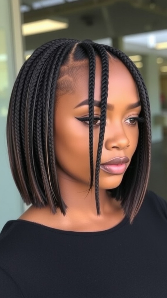 A woman with a sleek bob hairstyle featuring micro braids, showcasing a stylish and modern look.