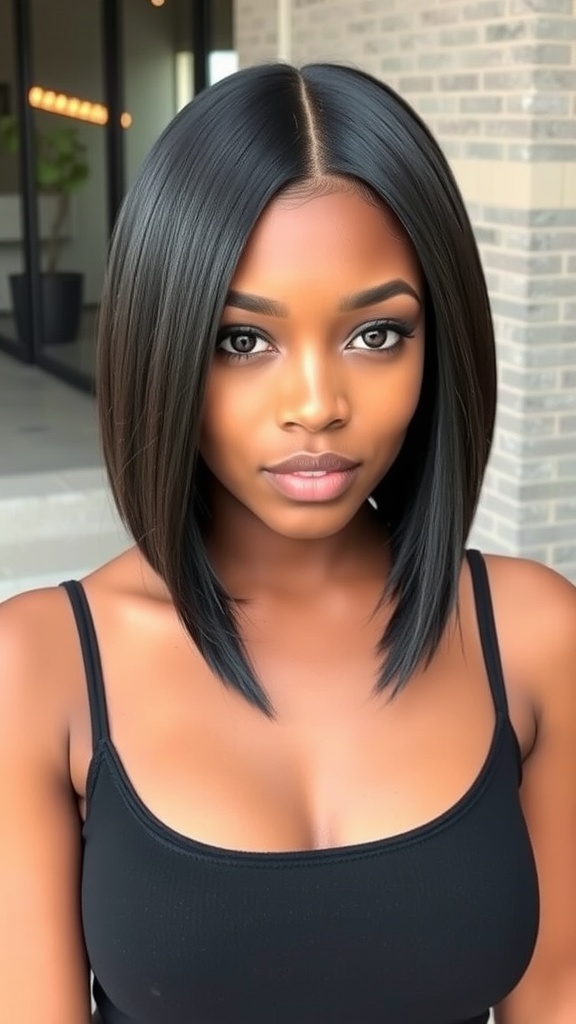 A woman with a sleek bob hairstyle made from quick weave extensions, showcasing a polished and elegant look.