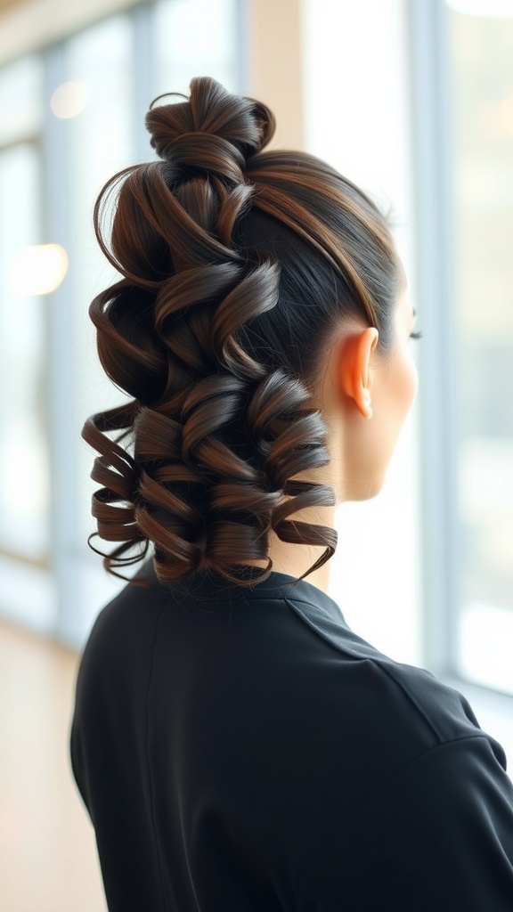 A woman with a sleek curly ponytail hairstyle, featuring well-defined curls and a polished appearance.