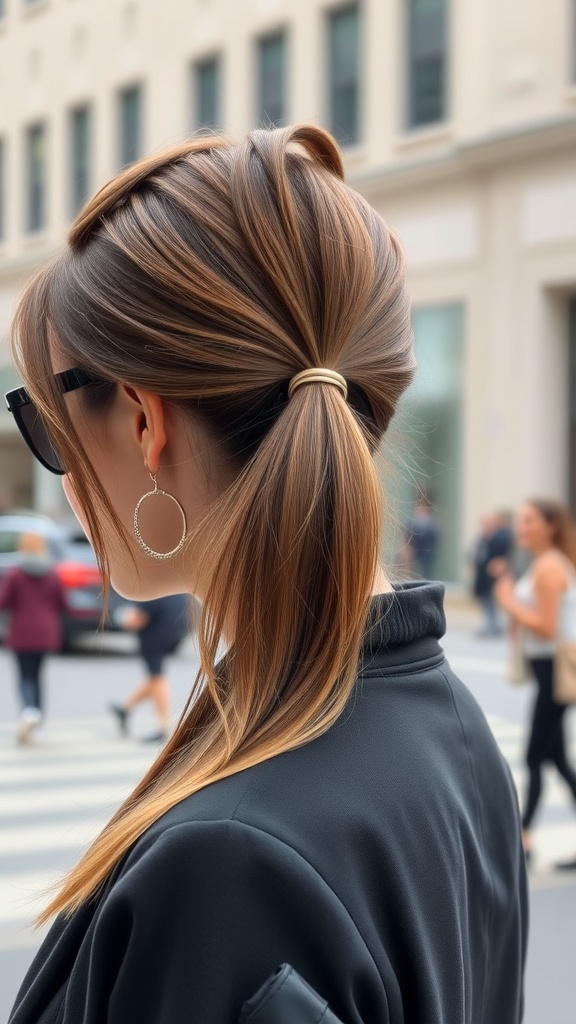 A woman with a sleek half up ponytail, showcasing smooth hair and a polished look.