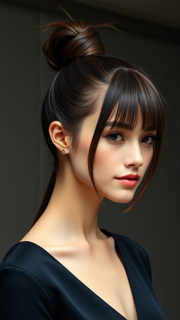 Close-up of a woman with a sleek high ponytail and bangs, wearing a dark outfit.
