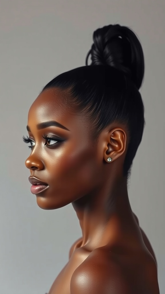 A model with natural straight hair styled in a sleek high ponytail, showcasing elegance and beauty.