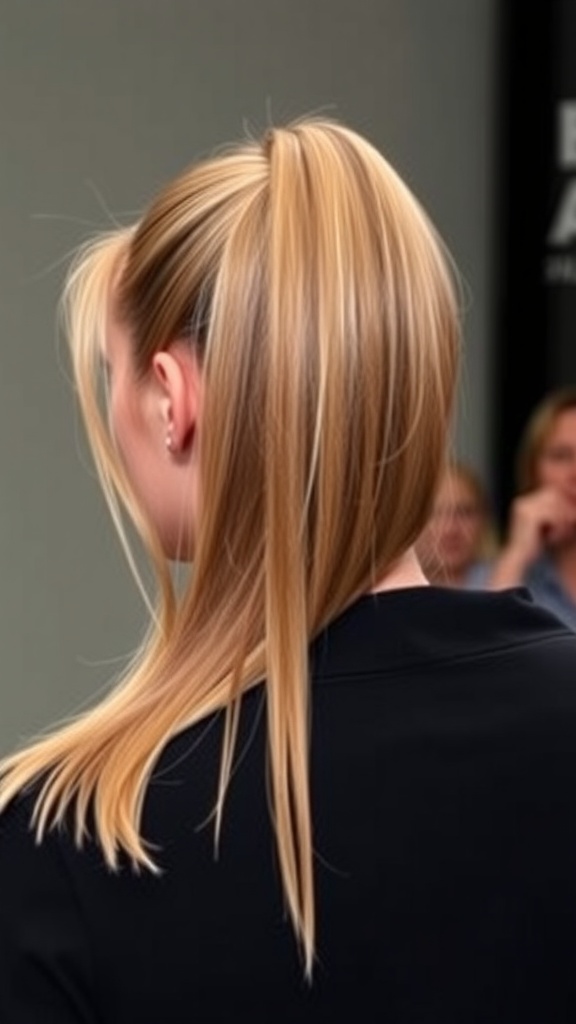 A back view of a sleek high ponytail hairstyle, showcasing smooth, straight hair pulled back at the crown.