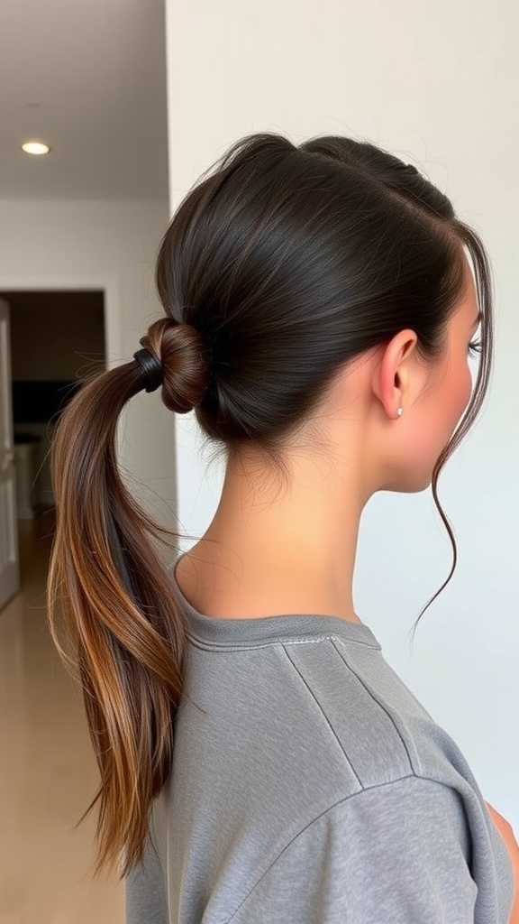 A person with a sleek high ponytail featuring a twist, showcasing a polished hairstyle.