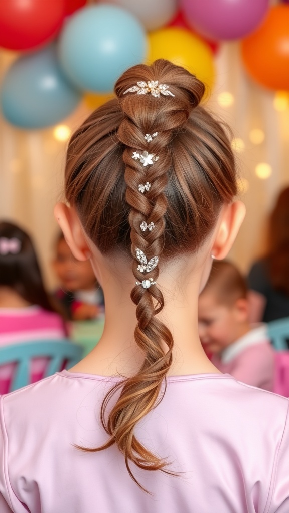 A girl with a sleek high ponytail decorated with accessories, set against a colorful birthday backdrop.