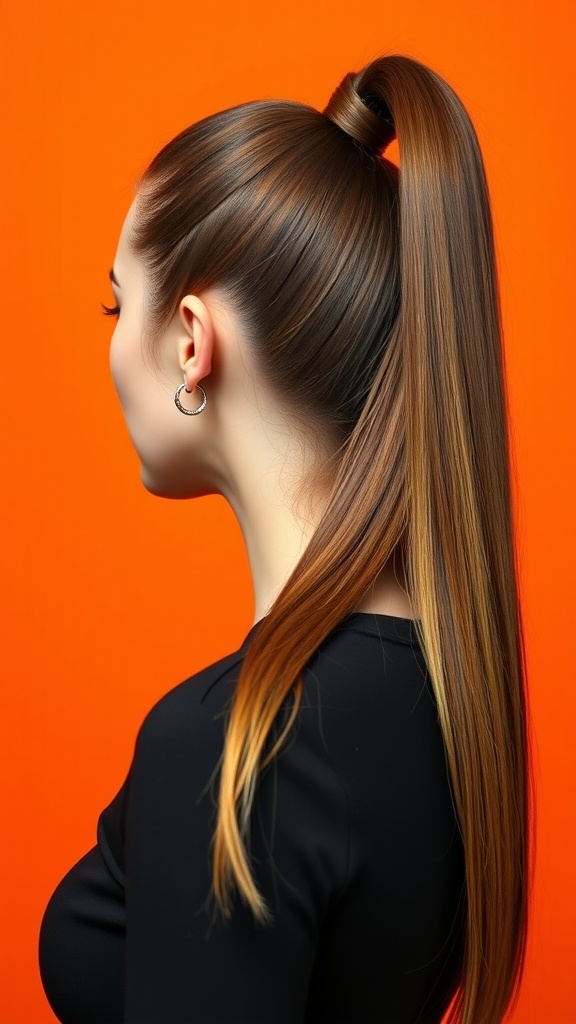 A model with a sleek high ponytail, showcasing smooth hair with possible extensions against an orange background.