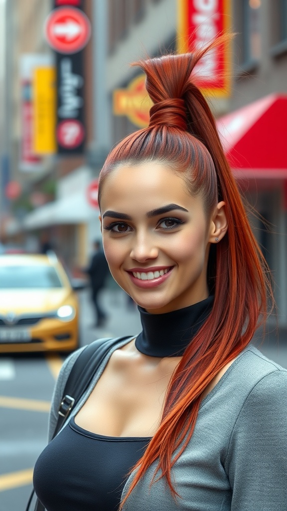 A woman with a sleek high red ponytail smiles confidently in a city setting.