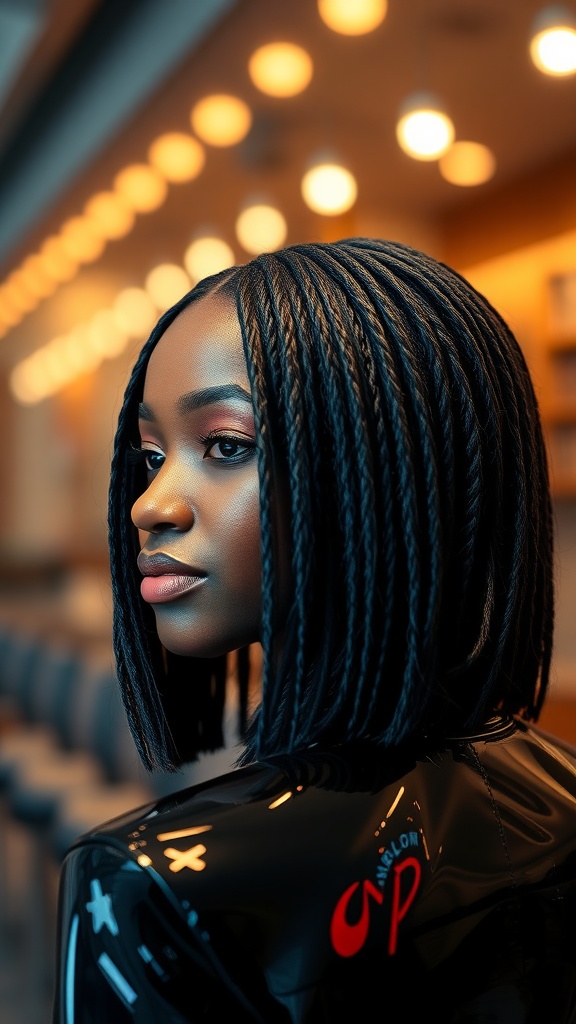 A woman with sleek locs hairstyle and a glossy finish, showcasing elegance.