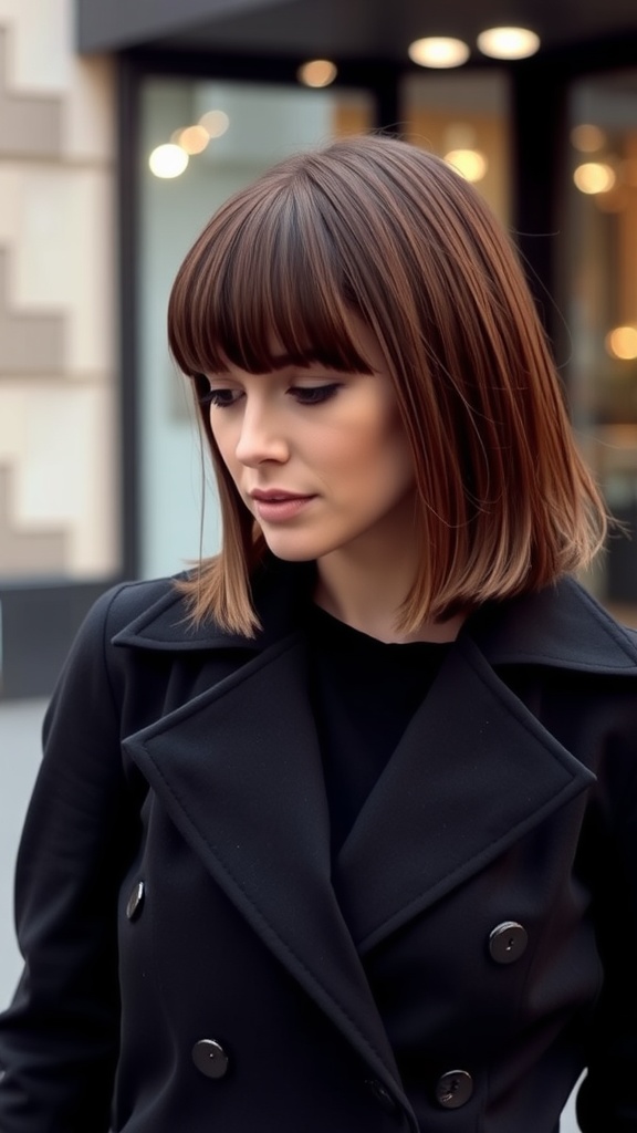 A woman with a sleek long bob haircut and blunt bangs, wearing a black coat.