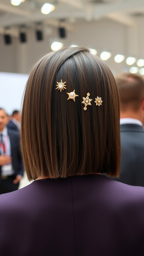 A sleek long bob hairstyle adorned with golden hairpins.