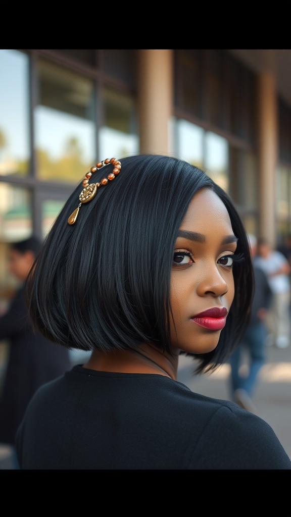 A woman with a sleek long bob hairstyle, wearing a decorative hairpin, looking stylish.