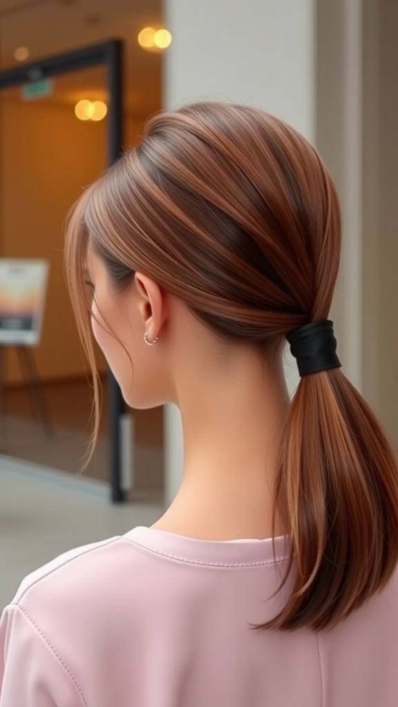 A view of a sleek low ponytail hairstyle, demonstrating a polished and smooth look.