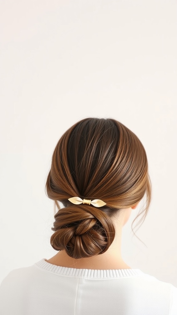 A sleek low bun hairstyle with a decorative bow hairpin.