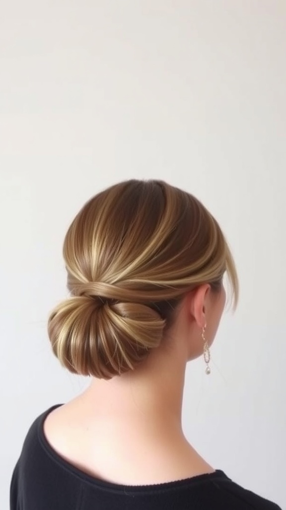 A woman with medium length hair styled in a sleek low bun with a side part, showcasing a polished and elegant look.