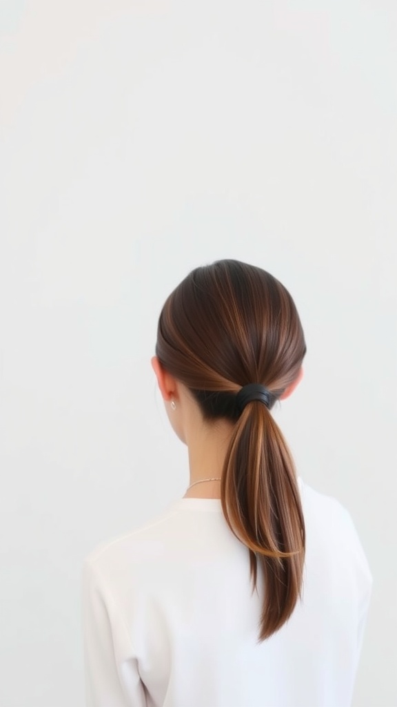 A woman with straight hair styled in a sleek low ponytail, wearing a white top against a light background.
