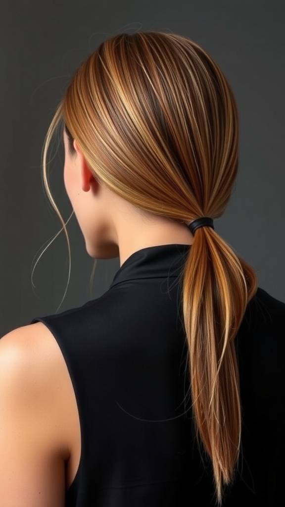 A woman with a sleek low ponytail, showcasing a polished hairstyle, viewed from the back.