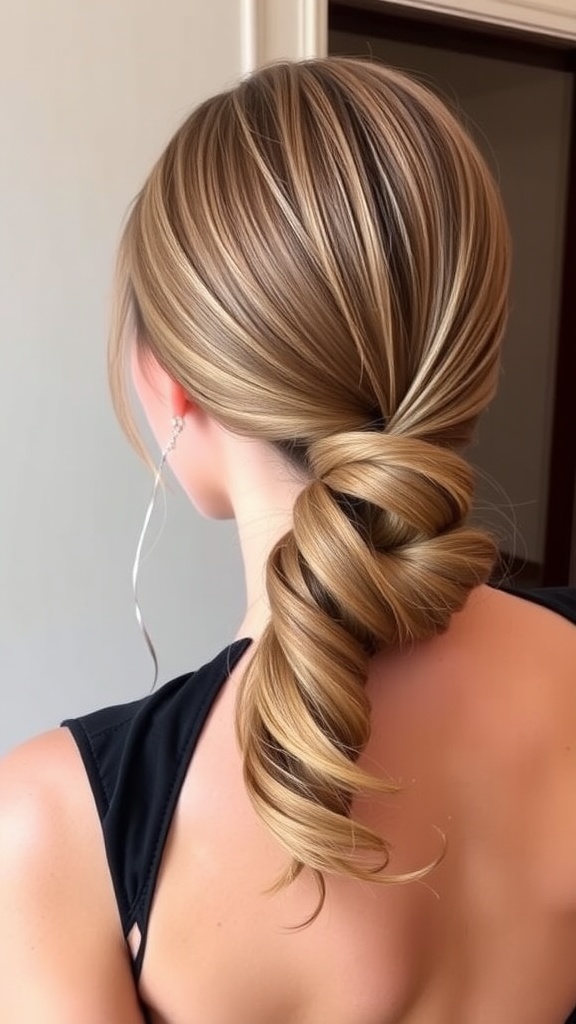 A sleek low ponytail hairstyle with a twist, featuring smooth hair pulled back and twisted for an elegant look.