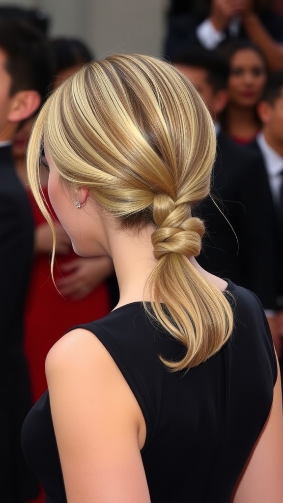 A sleek low ponytail hairstyle with a twist, showcasing polished hair and a unique twist detail.