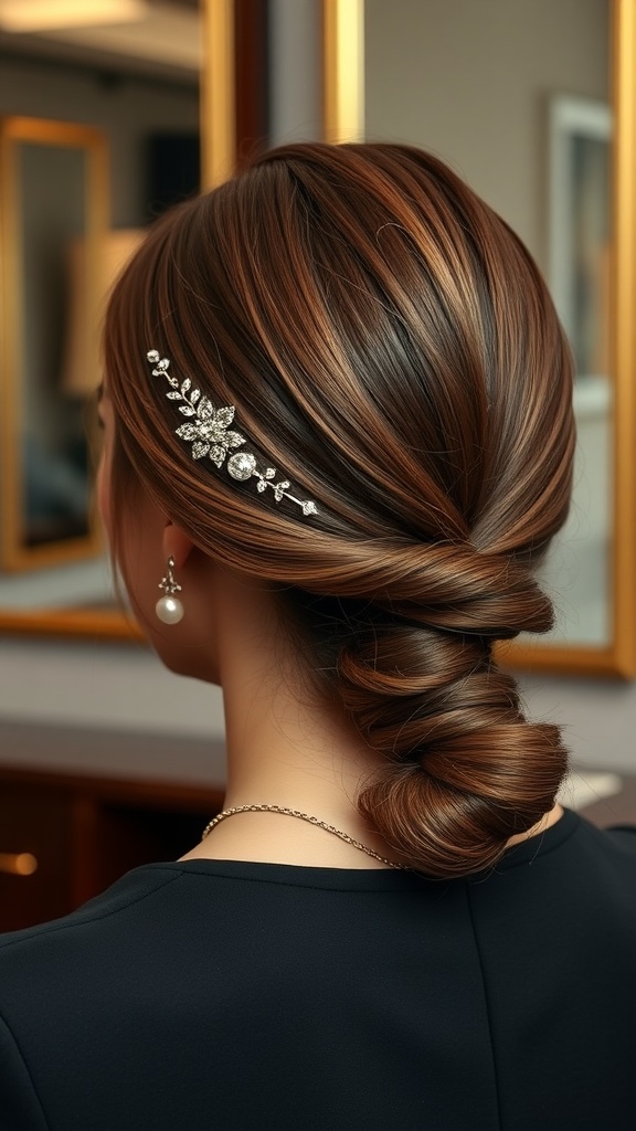 Sleek low ponytail with a decorative hairpin and pearl earrings, showcasing an elegant look.