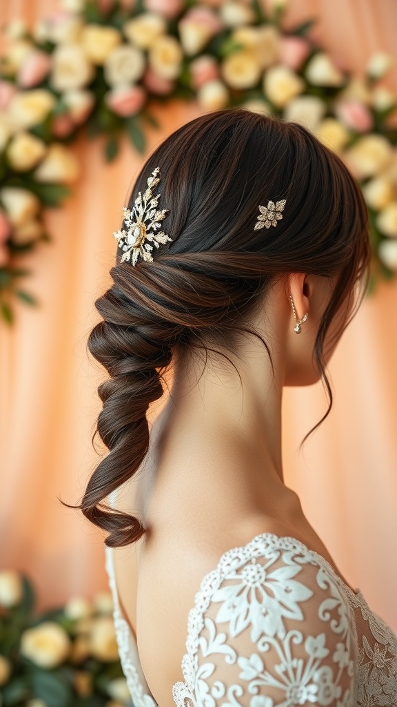 A woman with a sleek low ponytail adorned with elegant hair accessories, standing in front of a floral backdrop.