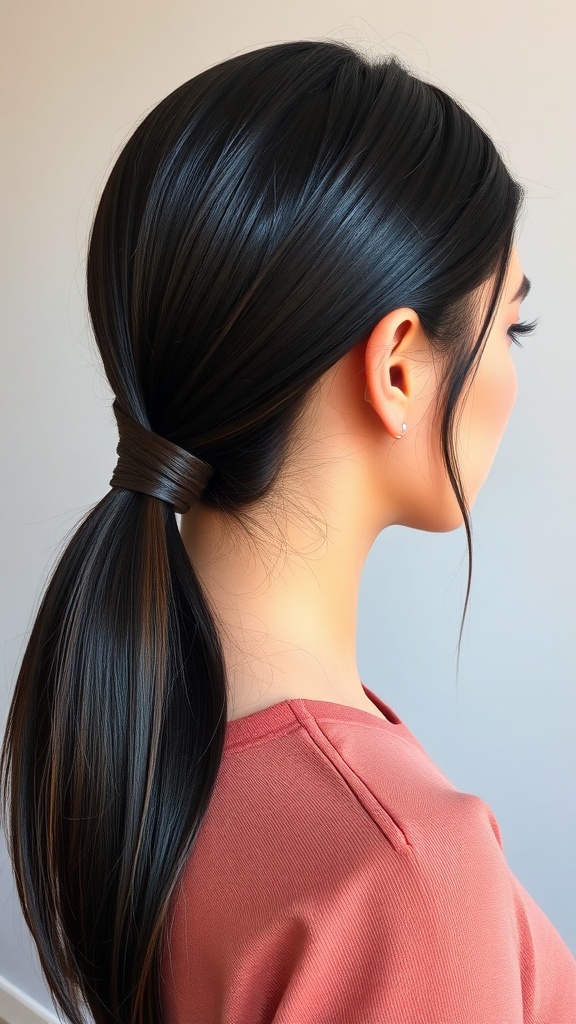 A sleek low ponytail hairstyle enhanced by quick weave, showcasing smooth hair and an elegant look.