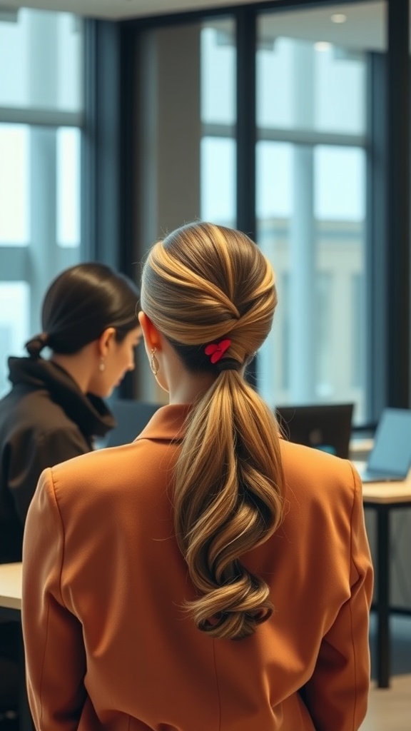 A woman with a sleek low ponytail adorned with a hair wrap, seated in an office setting.