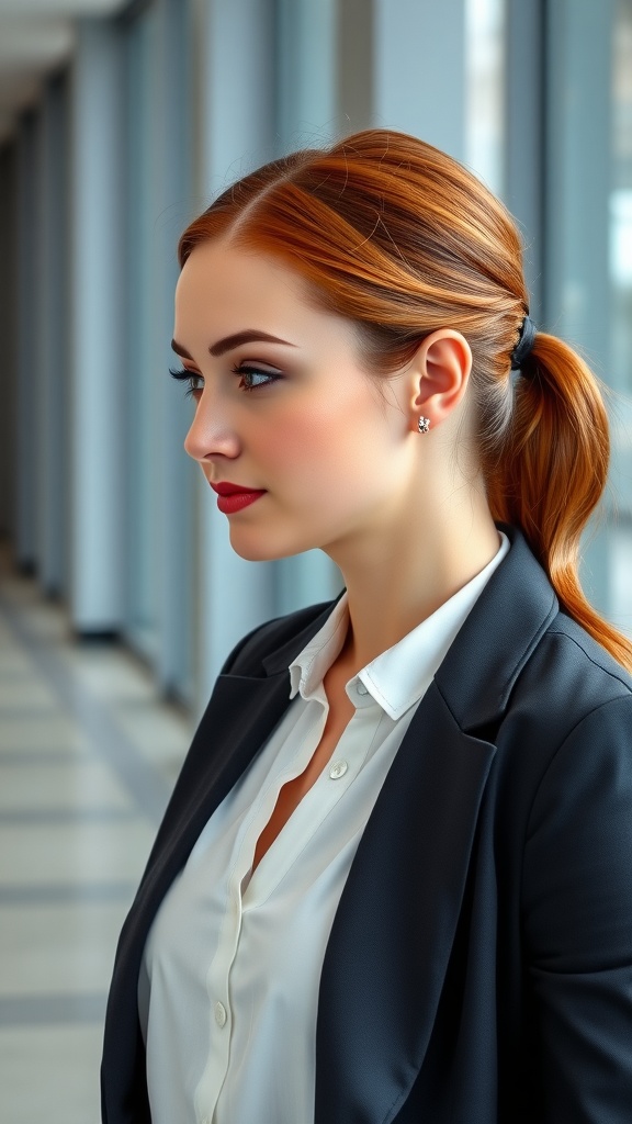 A woman showcasing a sleek low red ponytail hairstyle, featuring a smooth finish, dressed in a professional outfit.