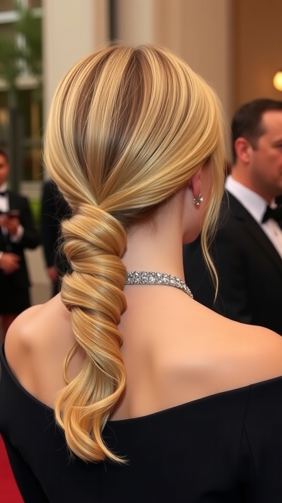 A sleek low side ponytail hairstyle, perfectly polished and elegant, suitable for formal events.