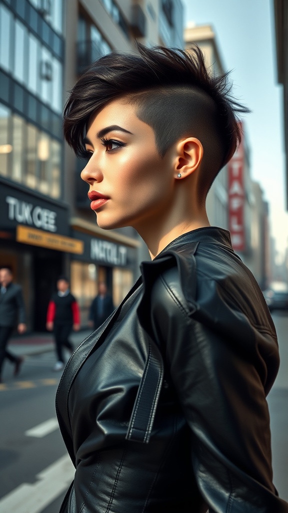 A woman with a sleek pixie hairstyle and shaved side, wearing a black leather jacket, walking in a city street.