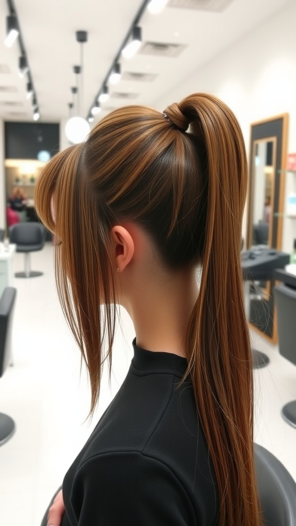 A sleek ponytail with curtain bangs, styled elegantly in a salon setting.