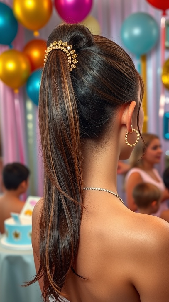 A sleek ponytail hairstyle with a decorative hair accessory and hoop earrings, set against a colorful party backdrop.