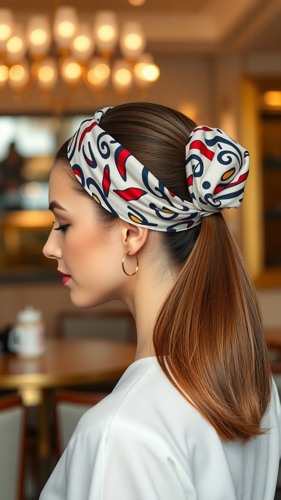 A woman with a sleek ponytail and colorful hair wrap, showcasing a chic hairstyle.