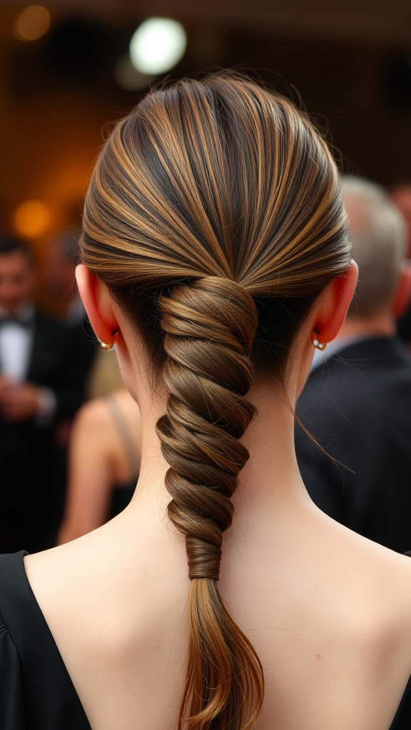 A sleek ponytail hairstyle with a hair wrap, showing a polished and elegant look.