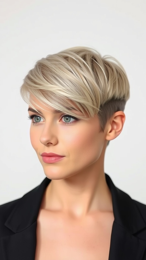 A model with a sleek short pixie hairstyle showcasing natural texture and subtle highlights.