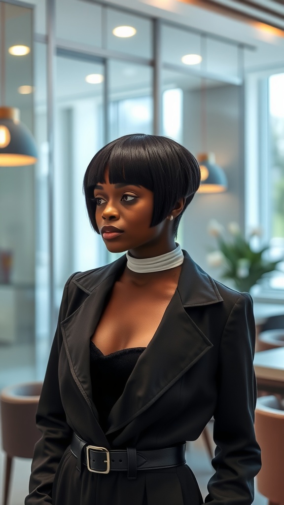 A woman wearing a sleek black bob wig, dressed in a stylish outfit, exuding confidence in a modern setting.