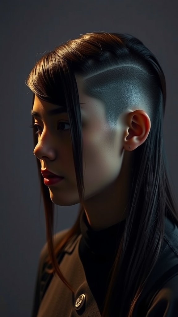 A person with sleek, side-parted mullet hairstyle, showcasing straight hair with a stylish appearance.