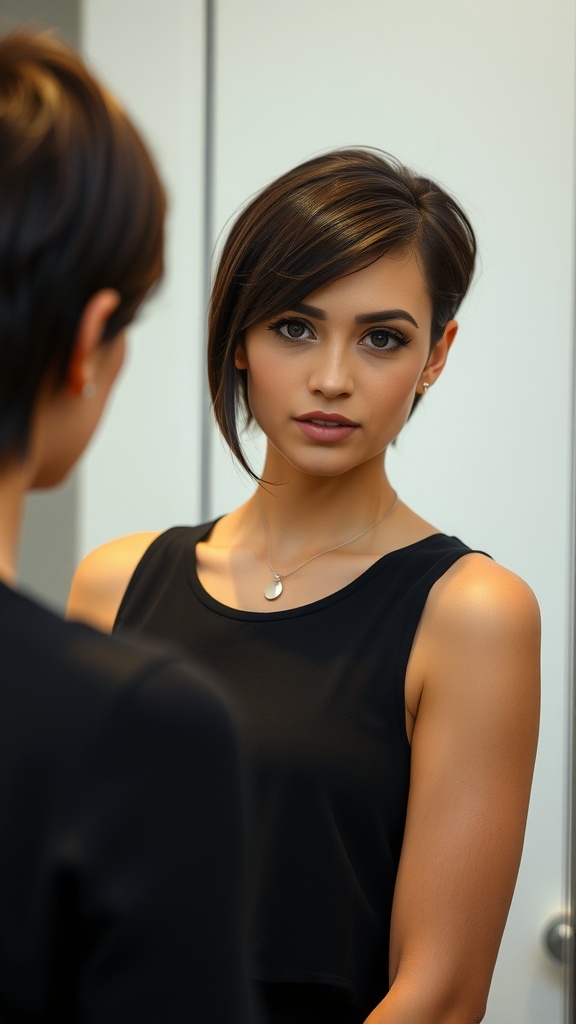Woman with a sleek bob hairstyle featuring side-swept bangs, looking in a mirror