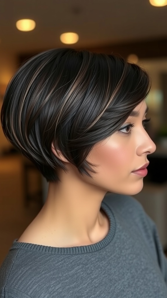 A woman with short 4c hair styled in a sleek side part, showcasing healthy shine and texture.