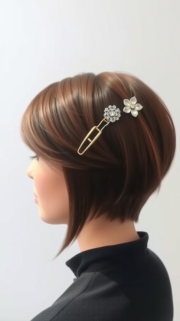 A mannequin with short hair styled in a sleek side part, adorned with decorative hair clips.