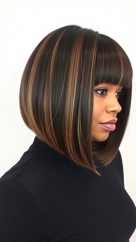 A sleek straight bob hairstyle with subtle highlights, worn by a woman