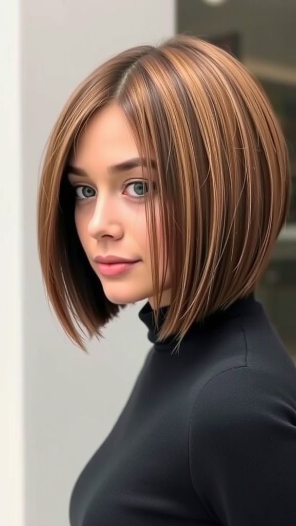 A woman with a sleek straight bob hairstyle, featuring subtle layers and warm-toned highlights.
