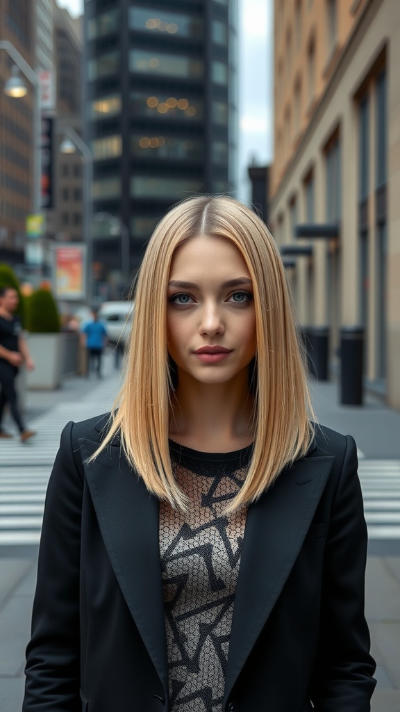 A young woman with blonde straight hair styled in a sleek long bob, wearing a black blazer, standing in an urban setting.