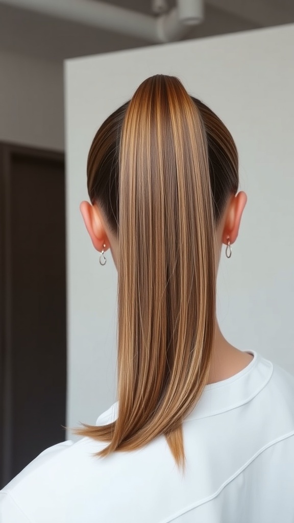 A sleek straight ponytail hairstyle showcasing smooth, shiny hair tied back neatly.