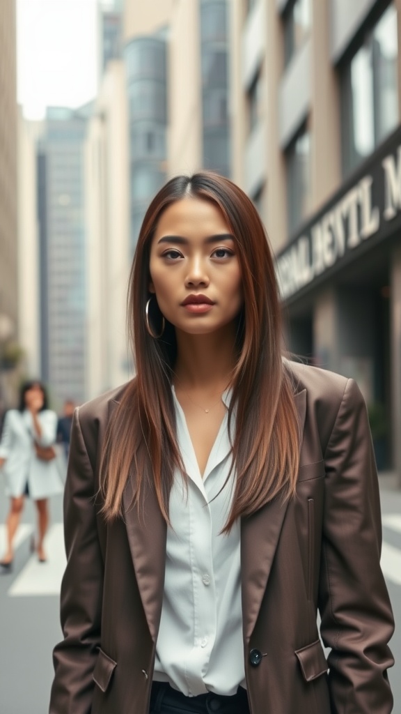 A woman with sleek straight hair parted in the center, dressed in a brown blazer and white shirt, standing confidently in a city street.