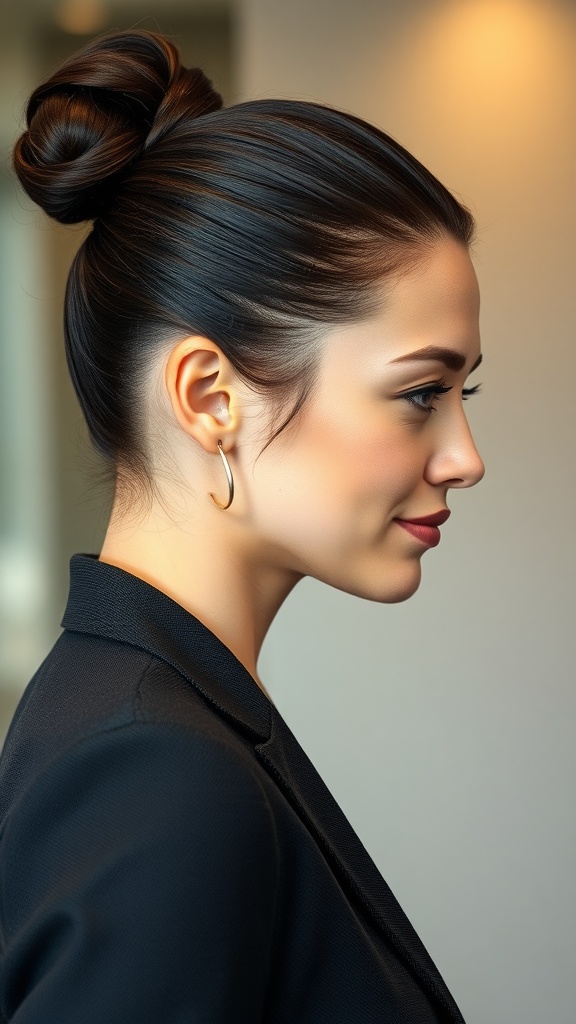 A close-up side profile of a woman with a sleek bun hairstyle, wearing a black blazer and hoop earrings.