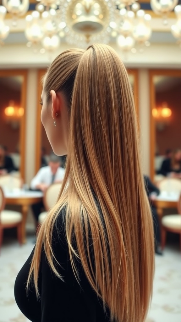 A woman with a sleek, high ponytail and long hair extensions, showcasing a polished hairstyle in an elegant setting.