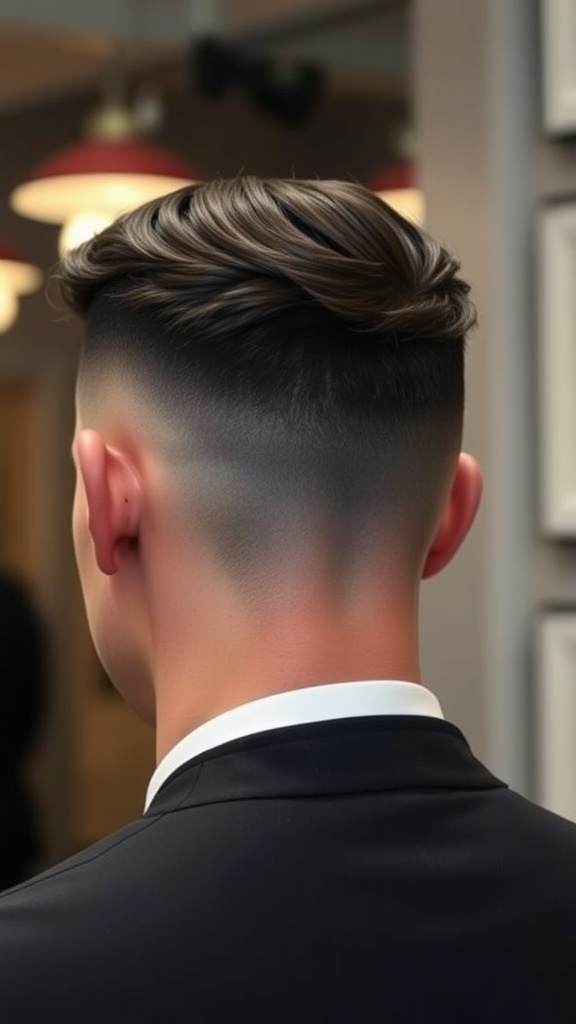 A man with slicked back curls and a clean fade haircut, wearing a black suit.